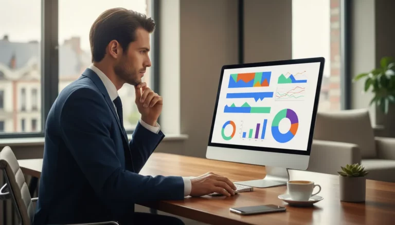Belgische ondernemer die Google Ads campagnes beheert op zijn computer in een moderne kantooromgeving