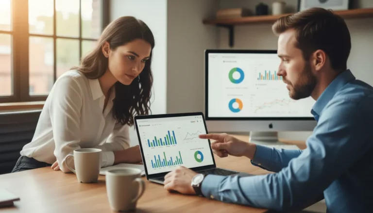 Google Ads coach die een KMO-eigenaar begeleidt bij het optimaliseren van campagnes in een professionele werkomgeving