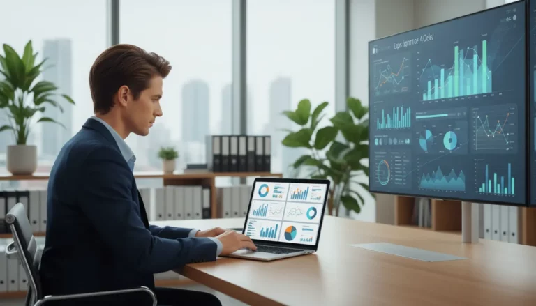 Google Ads expert die campagnes analyseert op laptop met dashboards en grafieken zichtbaar op het scherm in moderne kantooromgeving