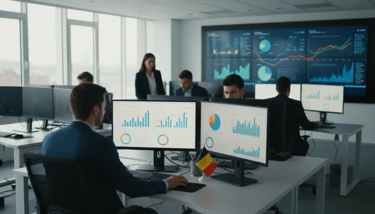 Google agency team werkend aan Google Ads campagnes in een professioneel kantoor met data dashboards op schermen