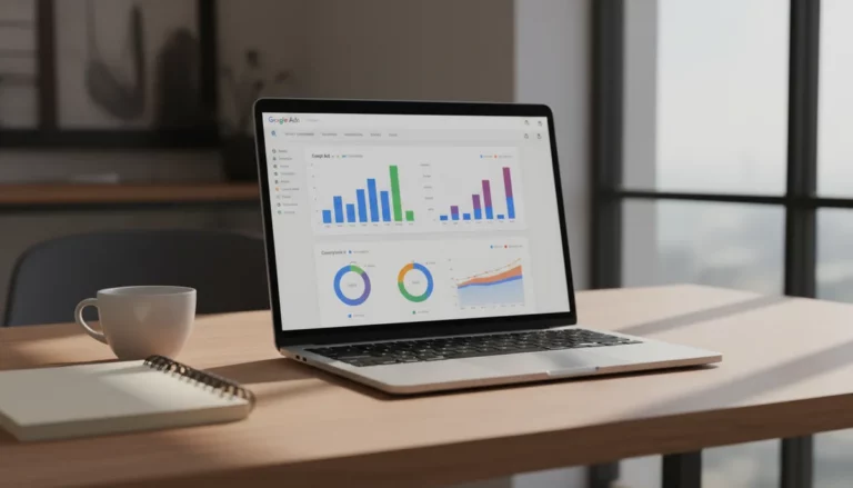 Google Ads dashboard op laptop toont leadgeneratie metrics en conversiecijfers met kleurrijke grafieken in professionele kantooromgeving